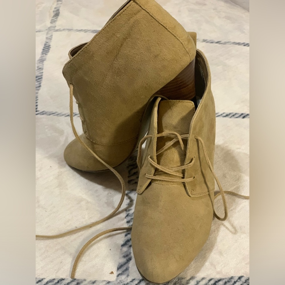 Tan suede tie up shoe booties
